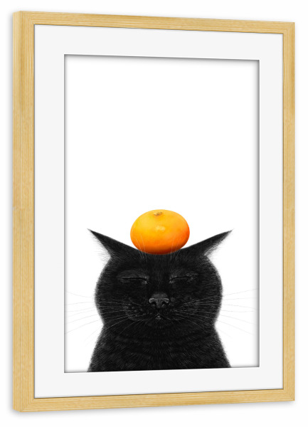 Poster mit Rahmen kiefer "Schwarze Katze mit Mandarine" artboxONE - Natur,Für Kinder,Tiere,Weihnachten,Lustig