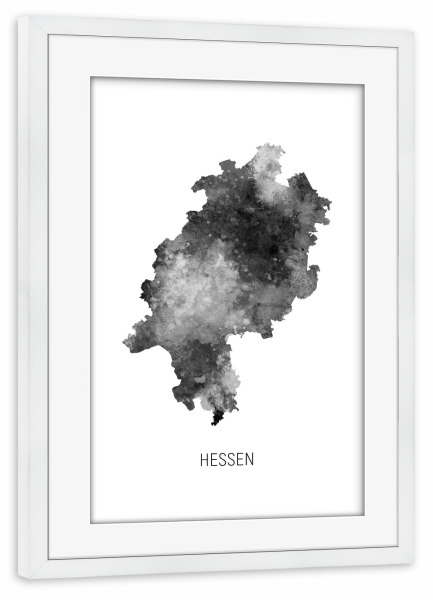 Poster mit Rahmen weiß "Hessische Landeskarte BW" artboxONE - Schwarzweiß,Kartografie - Hessen,Karte,Aquarell,Malerei,Landeskarte,Deutschland