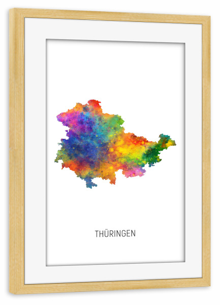 Poster mit Rahmen kiefer "Thüringen-Aquarell-Landeskarte" artboxONE - Kartografie - Thüringen,Karte,Aquarell,Malerei,Landeskarte,Deutschland