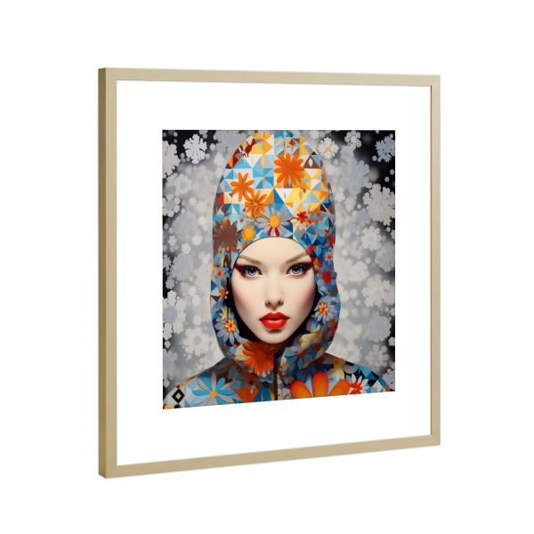 Poster mit Rahmen Gold "SCHNEEFLOCKENSCHÖNHEIT" artboxONE - Abstrakt,Fashion,Für Mama - Frau,Schneeflocken,Weiß,Winter,Orange,Mode,Weihnachten