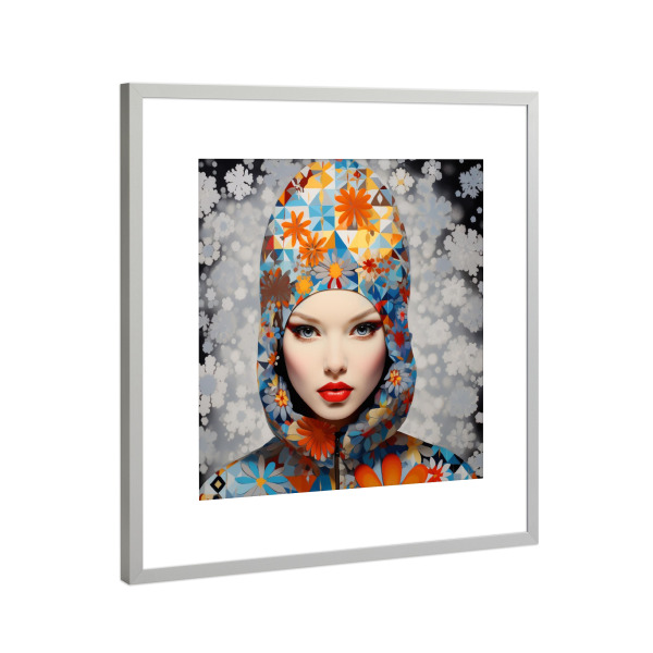 Poster mit Rahmen Silber "SCHNEEFLOCKENSCHÖNHEIT" artboxONE - Abstrakt,Fashion,Für Mama - Frau,Schneeflocken,Weiß,Winter,Orange,Mode,Weihnachten