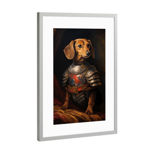 Poster mit Rahmen Silber "Mittelalterlicher Dackelritter" artboxONE - Tiere,Lustig