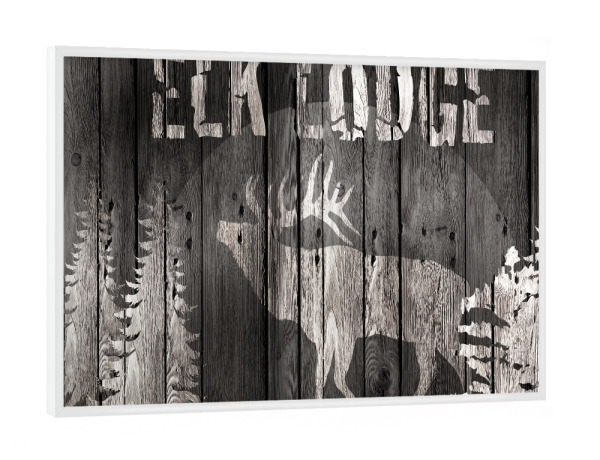 Poster mit weißem Rahmen "Elch Lodge" artboxONE - Tiere - Holz,Minimal,Lodge,Cabin,Rustikal,Landhaus,Country,Natur,Rustic,Hüttenzauber,Elch,Chalet