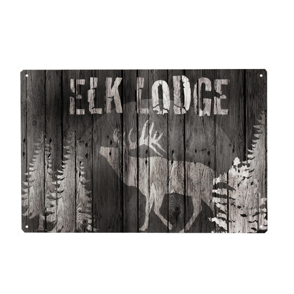 Metall Poster "Elch Lodge" artboxONE - Tiere - Holz,Minimal,Lodge,Cabin,Rustikal,Landhaus,Country,Natur,Rustic,Hüttenzauber,Elch,Chalet - Blechschild