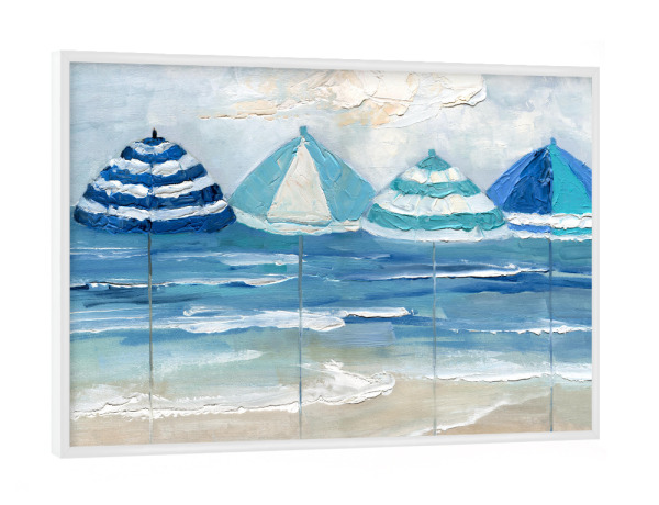 Poster mit weißem Rahmen "Regenschirmreihe" artboxONE - Reise / Strand und Meer - Sonnenschirm,Strand,Meer,Küste,Küste