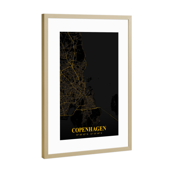 Poster mit Rahmen Gold "City Map von København" artboxONE - Städte / København,Kartografie
