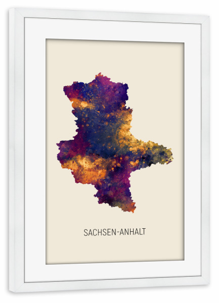 Poster mit Rahmen weiß "Landeskarte Sachsen-Anhalt Beige" artboxONE - Kartografie - Sachsen-anhalt,Karte,Aquarell,Malerei,Landeskarte,Deutschland