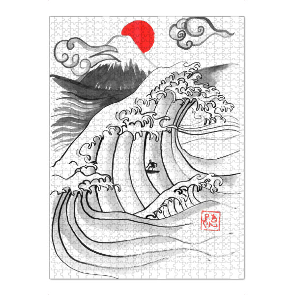 Puzzle Ravensburger "Surfer auf der Welle" artboxONE - Schwarzweiß,Reise / Asien - Japan,Sumie,Welle,Fuji,Surfer,Surfen - Bild japan