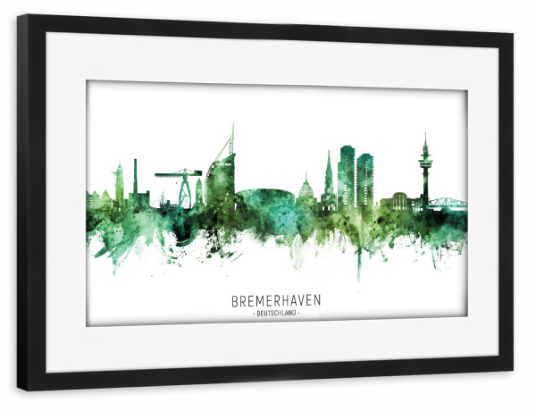 Poster mit Rahmen schwarz "Bremerhaven Skyline Grüner Name" artboxONE - Städte