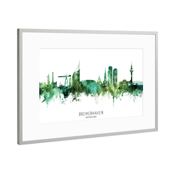 Poster mit Rahmen Silber "Bremerhaven Skyline Grüner Name" artboxONE - Städte