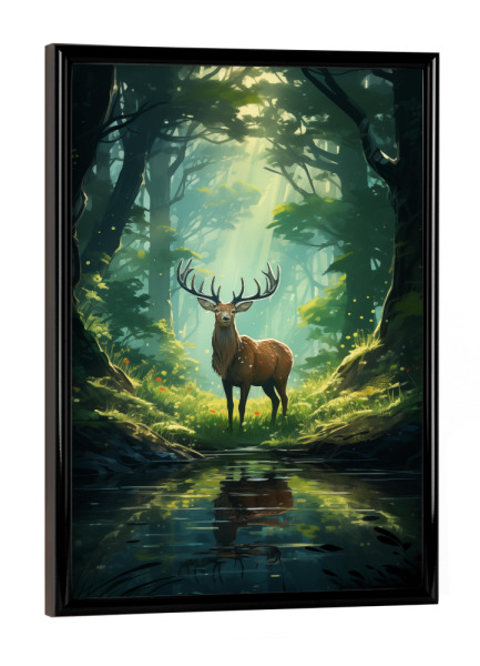 Poster mit schwarzem Rahmen "Hirsch auf einer Lichtung" artboxONE - Natur,Tiere - Hirsch,Tier,Natur,Wald,Lichtung,See,Bäume,Illustration