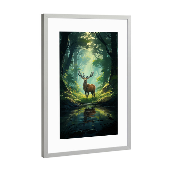 Poster mit Rahmen Silber "Hirsch auf einer Lichtung" artboxONE - Natur,Tiere - Hirsch,Tier,Natur,Wald,Lichtung,See,Bäume,Illustration,Ki