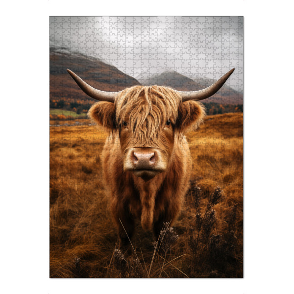 Puzzle Ravensburger "Hochland Rind in der Wildnis" artboxONE - Natur,Tiere - Hochland,Rind,Natur,Tier,Bewölkt,Berge,Wolken,Gras,Landschafte,Wildnis