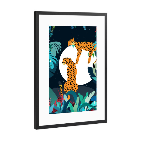 Poster mit Rahmen Schwarz (Metallic) "Über dem Mond, verliebter Leopard" artboxONE - Floral,Tiere