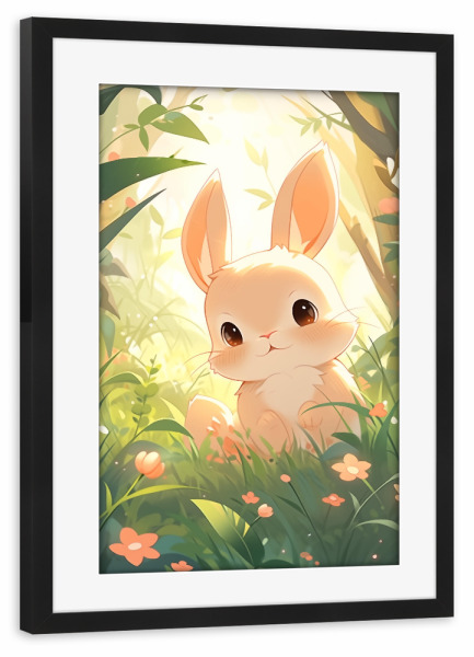 Poster mit Rahmen schwarz "Süßer Hase" artboxONE - Natur,Floral,Tiere - Süß,Hase,Kaninchen,Tier,Nature,Blumen,Wiese,Kinder,Kinderzimmer,Ki