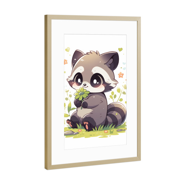 Poster mit Rahmen Gold "Süßer Waschbär" artboxONE - Natur,Floral,Tiere - Süß,Waschbär,Natur,Tiere,Kinder,Kinderzimmer,Blumen,Floral,Ki