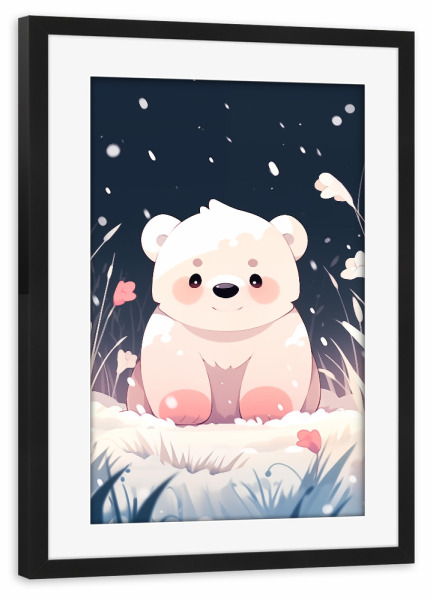 Poster mit Rahmen schwarz "Süßer Eisbär" artboxONE - Natur,Floral,Tiere - Süß,Eisbär,Natur,Tiere,Eis,Blumen,Floral,Kinder,Kinderzimmer,Schnee,Ki