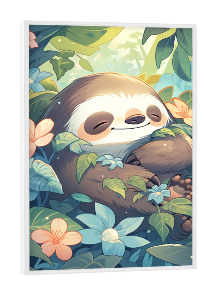 Poster mit weißem Rahmen "Süßes Faultier" artboxONE - Natur,Floral,Tiere - Süß,Faultier,Tier,Natur,Blumen,Pflanzen,Kinder,Kinderzimmer