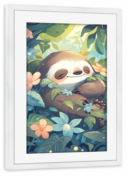 Poster mit Rahmen weiß "Süßes Faultier" artboxONE - Natur,Floral,Tiere - Süß,Faultier,Tier,Natur,Blumen,Pflanzen,Kinder,Kinderzimmer,Ki