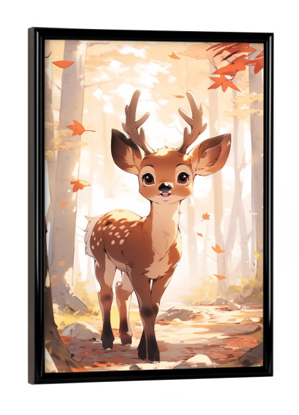 Poster mit schwarzem Rahmen "Süßer Hirsch" artboxONE - Natur,Floral,Tiere - Süß,Hirsch,Natur,Tiere,Herbst,Pflanzen,Bäume,Kinder,Kinderzimmer