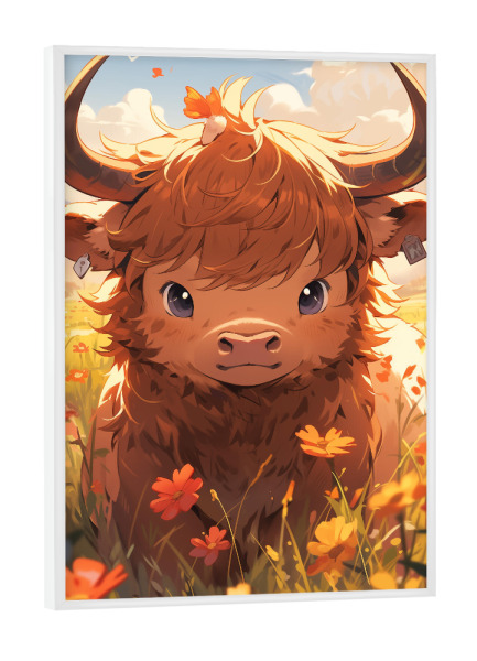 Poster mit weißem Rahmen "Süßes Hochland Rind" artboxONE - Natur,Floral,Tiere - Süß,Hochland,Rind,Natur,Tiere,Floral,Blumen,Wiese,Kinder,Kinderzimmer