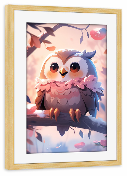 Poster mit Rahmen kiefer "Süßes Eule Baby" artboxONE - Natur,Floral,Tiere - Süß,Eule,Tier,Natur,Baum,Blätter,Kinder,Kinderzimmer,Ki