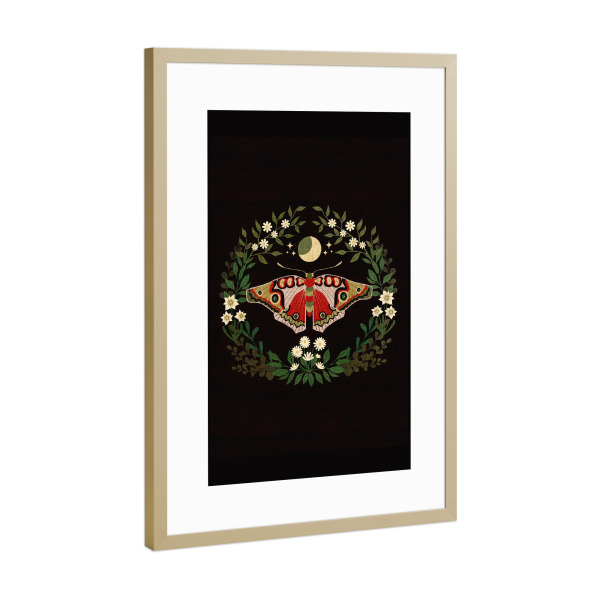 Poster mit Rahmen Gold "Mondmotte" artboxONE - Tiere - Motte,Schmetterling,Winter,Mond,Herbst,Blätter,Blume,Blumen,Kranz