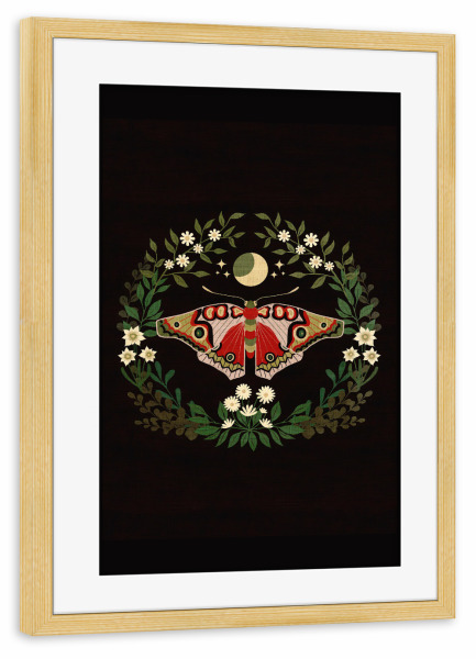 Poster mit Rahmen kiefer "Mondmotte" artboxONE - Tiere - Motte,Schmetterling,Winter,Mond,Herbst,Blätter,Blume,Blumen,Kranz
