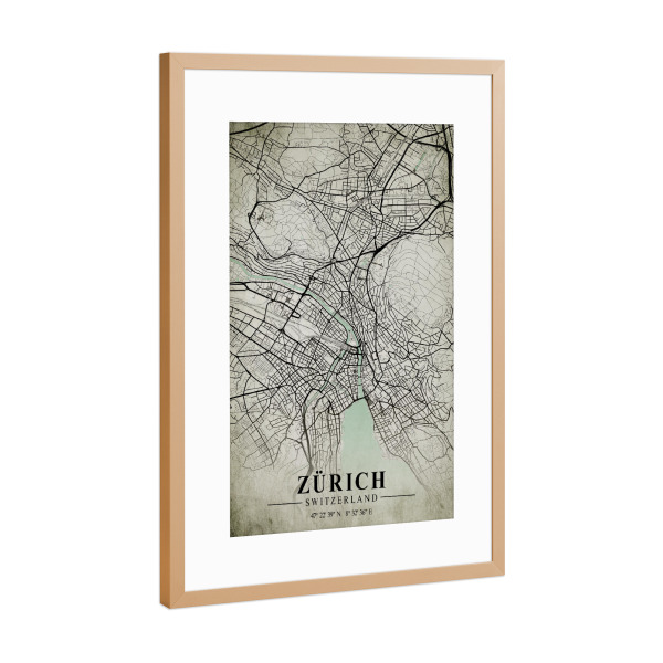 Poster mit Rahmen Kupfer "Vintage Zürich CityMap" artboxONE - Städte / Zürich,Kartografie