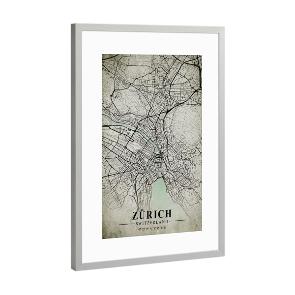 Poster mit Rahmen Silber "Vintage Zürich CityMap" artboxONE - Städte / Zürich,Kartografie