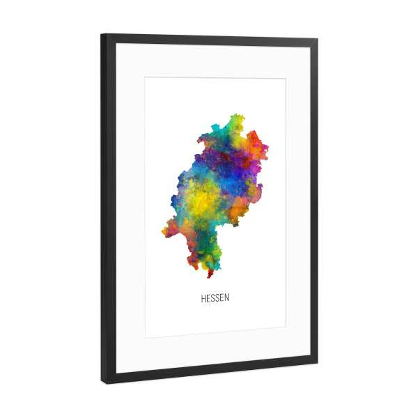 Poster mit Rahmen Schwarz (Metallic) "Aquarell-Landkarte Hessen" artboxONE - Kartografie - Hessen,Karte,Aquarell,Malerei,Landeskarte,Deutschland
