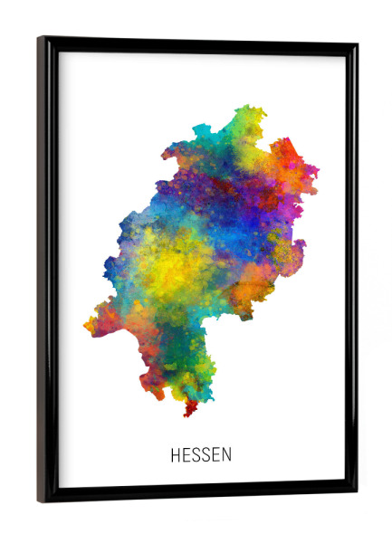 Poster mit schwarzem Rahmen "Aquarell-Landkarte Hessen" artboxONE - Kartografie - Hessen,Karte,Aquarell,Malerei,Landeskarte,Deutschland