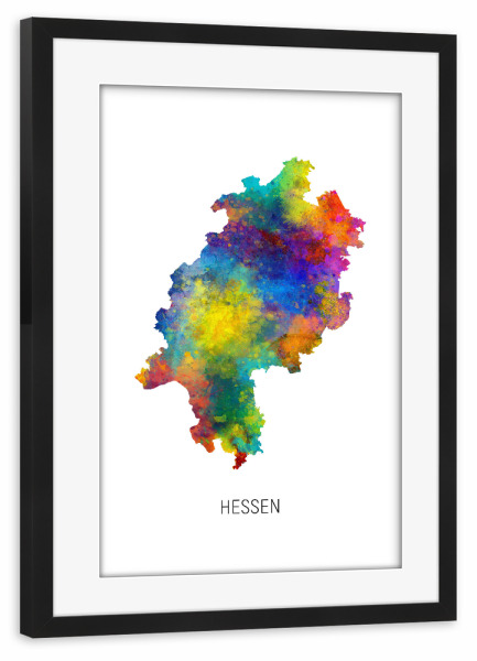 Poster mit Rahmen schwarz "Aquarell-Landkarte Hessen" artboxONE - Kartografie - Hessen,Karte,Aquarell,Malerei,Landeskarte,Deutschland