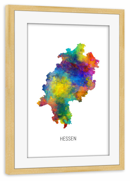 Poster mit Rahmen kiefer "Aquarell-Landkarte Hessen" artboxONE - Kartografie - Hessen,Karte,Aquarell,Malerei,Landeskarte,Deutschland