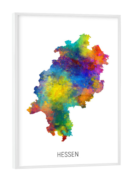 Poster mit weißem Rahmen "Aquarell-Landkarte Hessen" artboxONE - Kartografie - Hessen,Karte,Aquarell,Malerei,Landeskarte,Deutschland