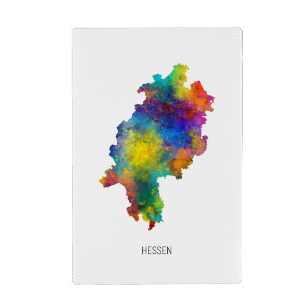 Metall Poster "Aquarell-Landkarte Hessen" artboxONE - Kartografie - Hessen,Karte,Aquarell,Malerei,Landeskarte,Deutschland - Blechschild