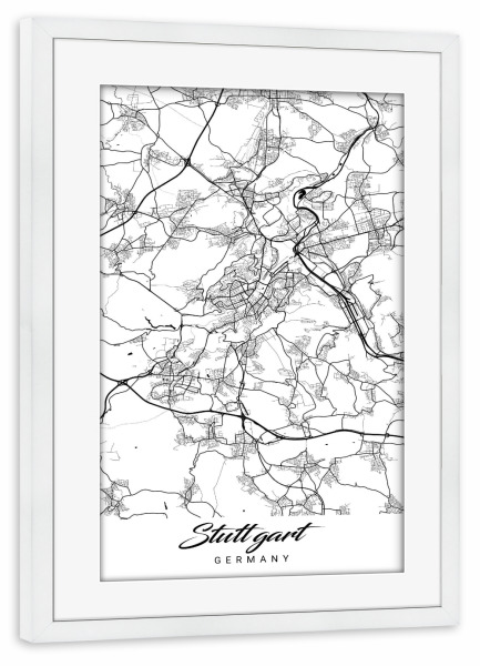 Poster mit Rahmen weiß "Stuttgart City Map" artboxONE - Städte / Stuttgart,Kartografie