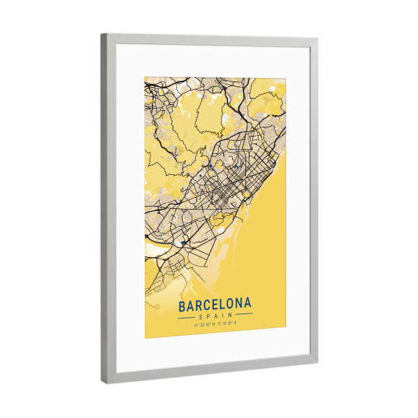 Poster mit Rahmen Silber "Map von Barcelona" artboxONE - Städte / Barcelona,Kartografie