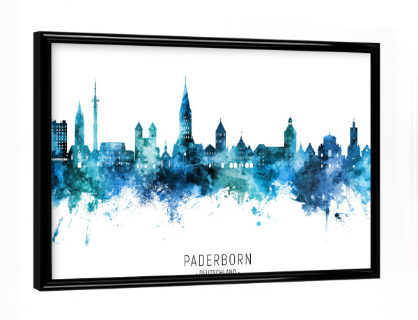 Poster mit schwarzem Rahmen "Paderborn Skyline Blauer Name" artboxONE - Städte