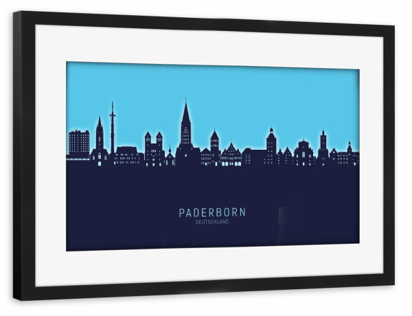 Poster mit Rahmen schwarz "Paderborner Skyline leuchtend blau" artboxONE - Städte
