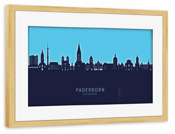 Poster mit Rahmen kiefer "Paderborner Skyline leuchtend blau" artboxONE - Städte