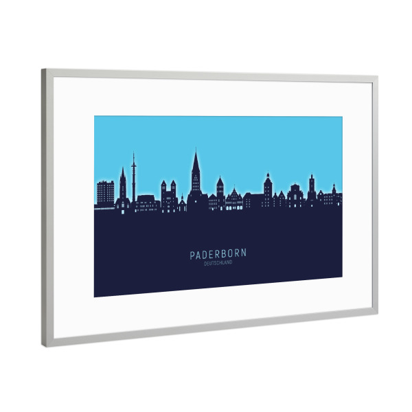 Poster mit Rahmen Silber "Paderborner Skyline leuchtend blau" artboxONE - Städte