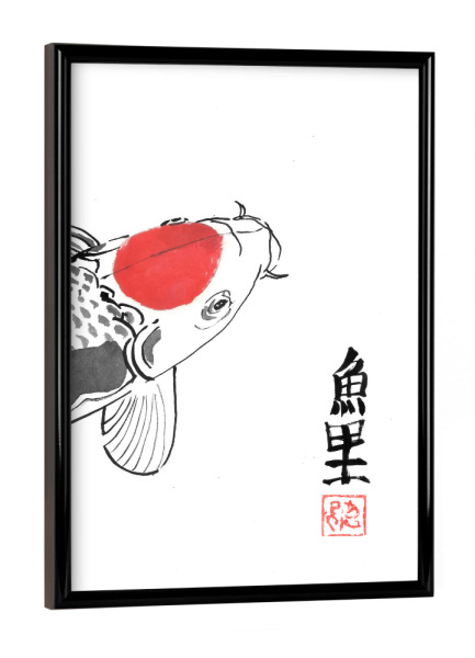 Poster mit schwarzem Rahmen "Roter Koi-Karpfenfleck" artboxONE - Tiere - Koi,Karpfen,Fisch,Kanji,Sumie,Japan