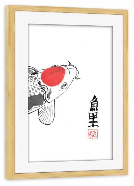 Poster mit Rahmen kiefer "Roter Koi-Karpfenfleck" artboxONE - Tiere - Koi,Karpfen,Fisch,Kanji,Sumie,Japan