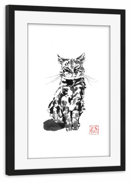 Poster mit Rahmen schwarz "Verdächtige Katze" artboxONE - Tiere,Schwarzweiß - Katze,Sumie,Japan