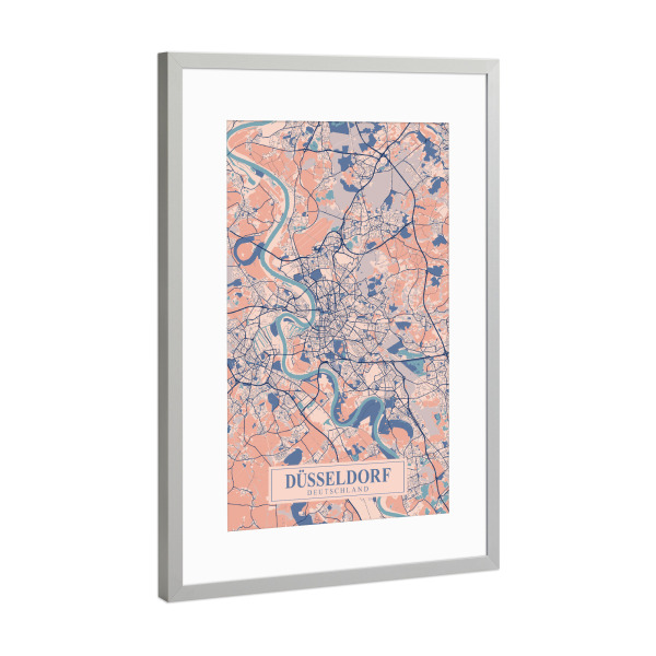 Poster mit Rahmen Silber "Düsseldorfer CityMap" artboxONE - Städte / Düsseldorf,Kartografie