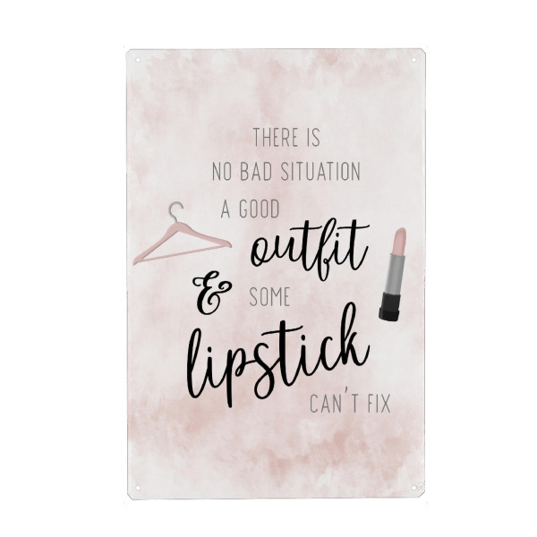 Metall Poster "Outfit und Lippenstift" artboxONE - Typografie,Fashion - Lippenstift,Kleiderbügel,Mode - Blechschild