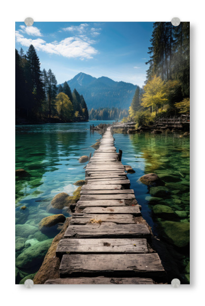 Acrylglasbild "Holzsteg im Bergsee" artboxONE - Natur,Reise - Bergsee,Holzsteg,Alpensee,Waldsee,See in den alpen,Alpen,See,Weiher,Berge