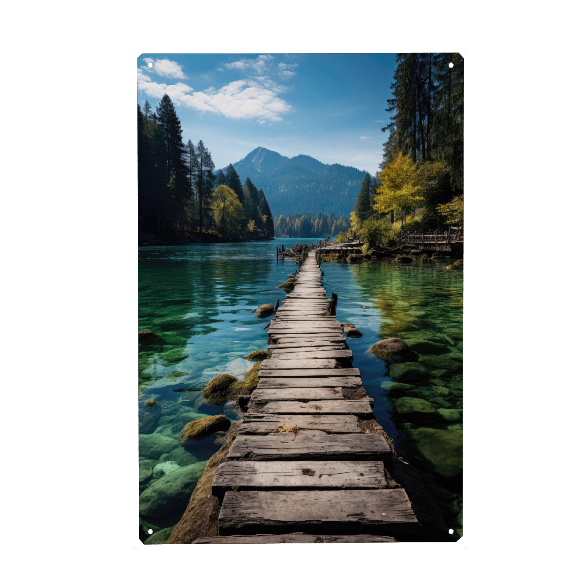 Metall Poster "Holzsteg im Bergsee" artboxONE - Natur,Reise - Bergsee,Holzsteg,Alpensee,Waldsee,See in den alpen,Alpen,See,Weiher,Berge - Blechschild