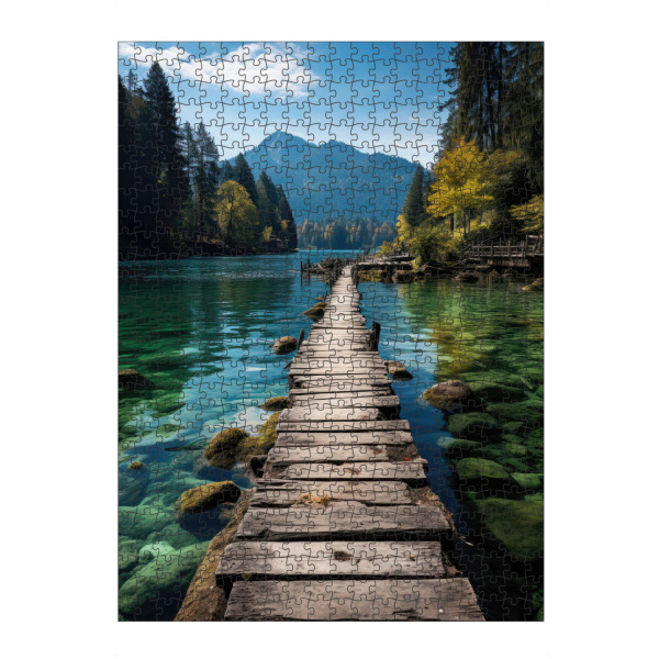 Puzzle Ravensburger "Holzsteg im Bergsee" artboxONE - Natur,Reise - Bergsee,Holzsteg,Alpensee,Waldsee,See in den alpen,Alpen,See,Weiher,Berge